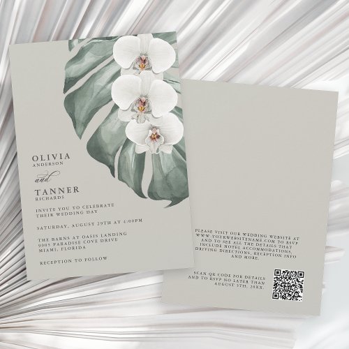 White Orchids Sage Tropical Wedding with QR code Invitation