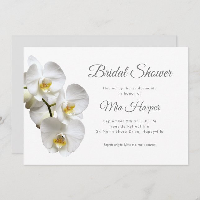 White Orchids Silver Gray Custom Bridal Shower Invitation (Front/Back)