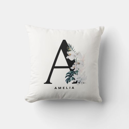 White Orchids Tropical Custom Letter A Monogram Throw Pillow
