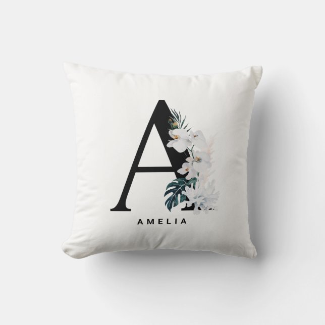 White Orchids Tropical Custom Letter A Monogram Throw Pillow (Front)