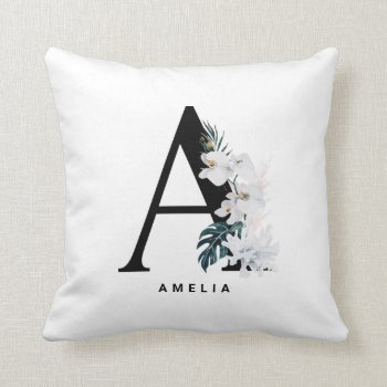 White Orchids Tropical Custom Letter A Monogram Throw Pillow by KeikoPrints at Zazzle