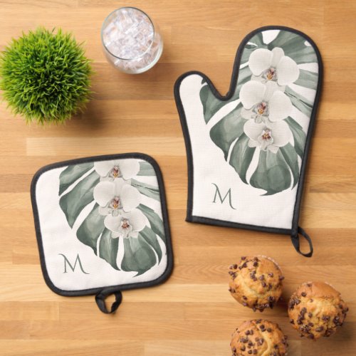 White Orchids Tropical Floral with Monogram Oven Mitt  Pot Holder Set