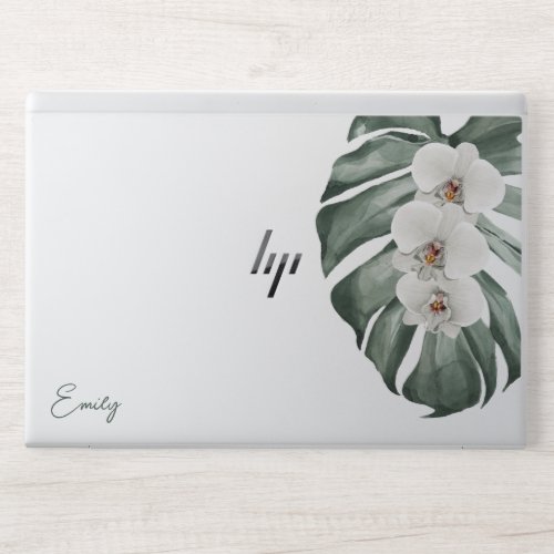 White Orchids Tropical Floral with Your Name HP Laptop Skin