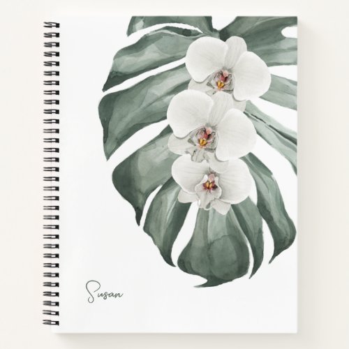 White Orchids Tropical Floral with Your Name Notebook