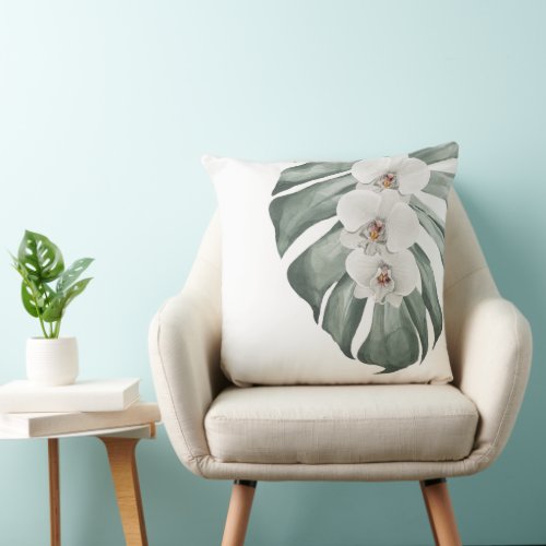 White Orchids Tropical Watercolor Floral Throw Pillow