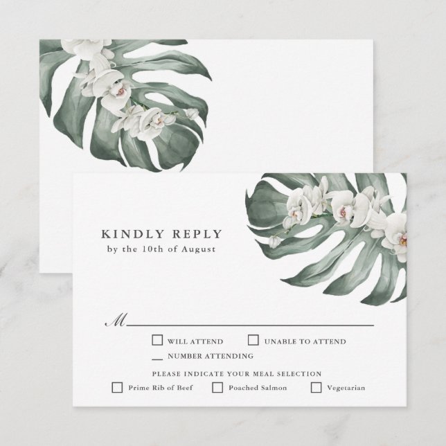 White Orchids Tropical Wedding RSVP with Entrees Card (Front/Back)