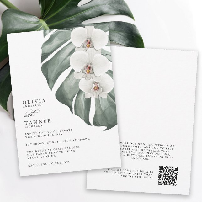 White Orchids Tropical Wedding with QR code Invitation (Creator Uploaded)