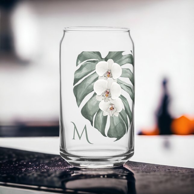  White Orchids Tropical with Monogram Initial Can Glass (Creator Uploaded)