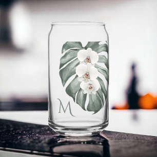 White Orchids Tropical with Monogram Initial Can Glass