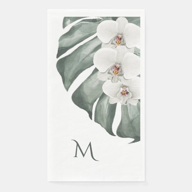  White Orchids Tropical with Monogram Initial Paper Guest Towels (Front)