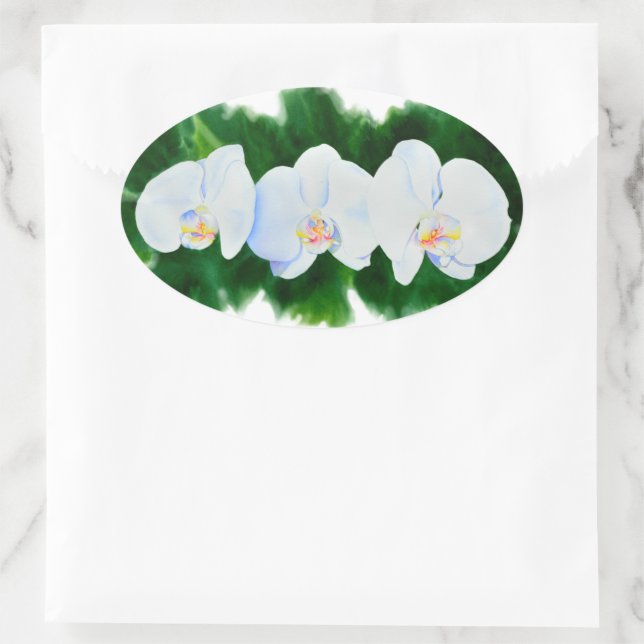 white orchids water color floral oval sticker (Bag)