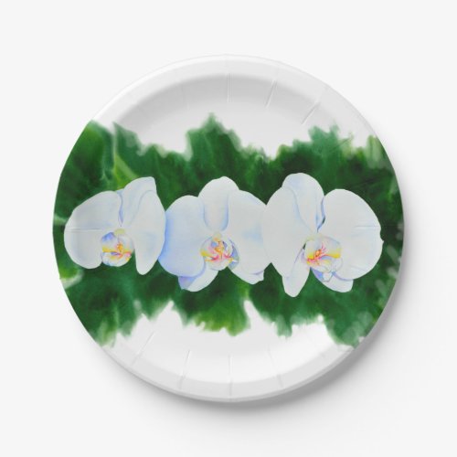 white orchids water color floral paper plates