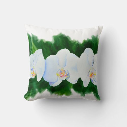 white orchids water color floral throw pillow