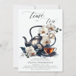 White Orchids Watercolor Script Bridal Tea Shower Invitation