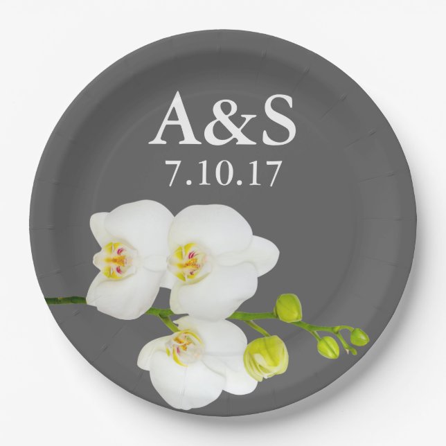 White Orchids Wedding Couple's Initials & Date Paper Plates (Front)