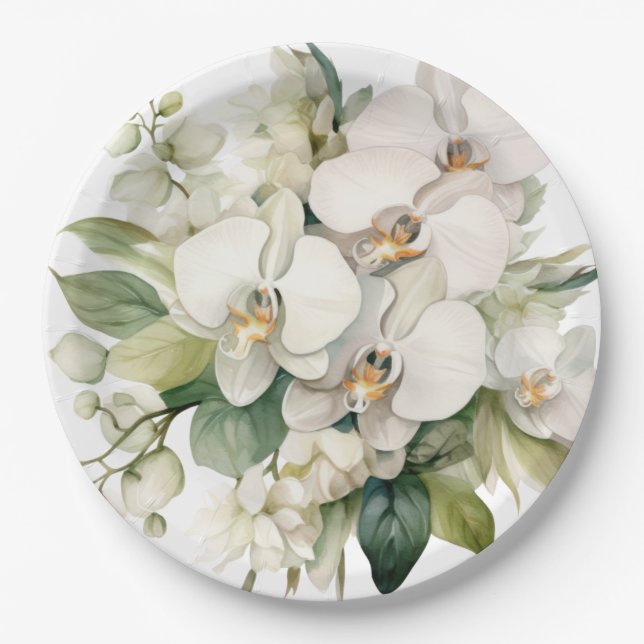 White Orchids Wedding Paper Plates (Front)