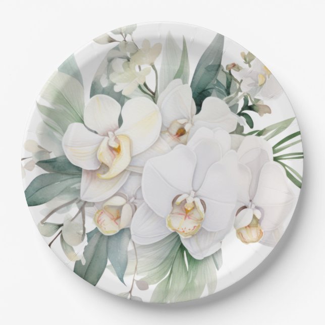 White Orchids Wedding Paper Plates (Front)