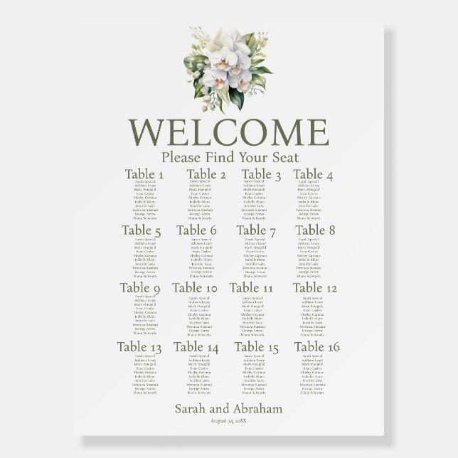 White Orchids Wedding Seating Chart Foam Board (Front)
