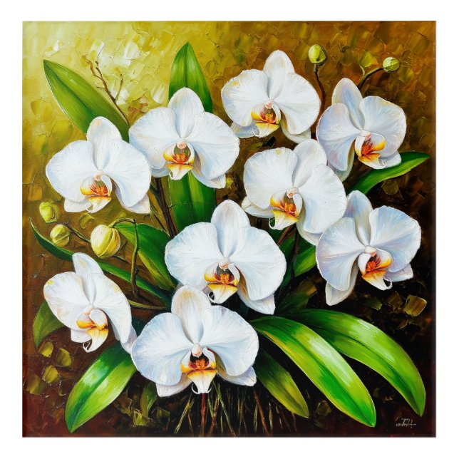 White Orchids with Green Leaves Acrylic Print (Front)