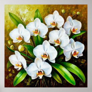 White Orchids with Green Leaves Poster