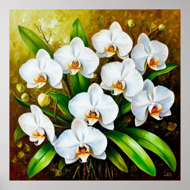 White Orchids with Green Leaves Poster (Front)