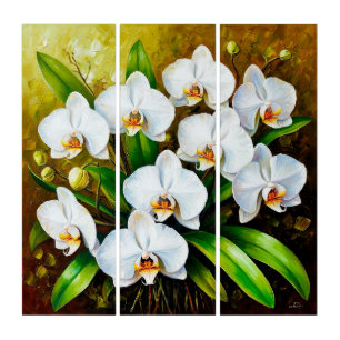 White Orchids with Green Leaves Triptych