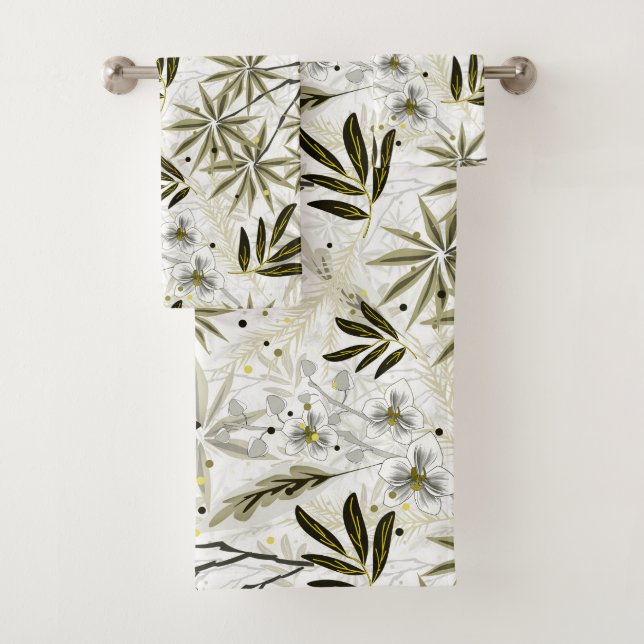 White orchids with olive tropical leaves bath towel set (Insitu)