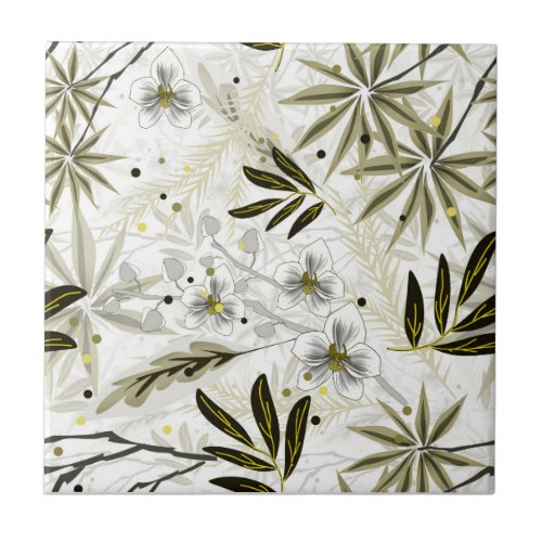 White orchids with olive tropical leaves ceramic tile