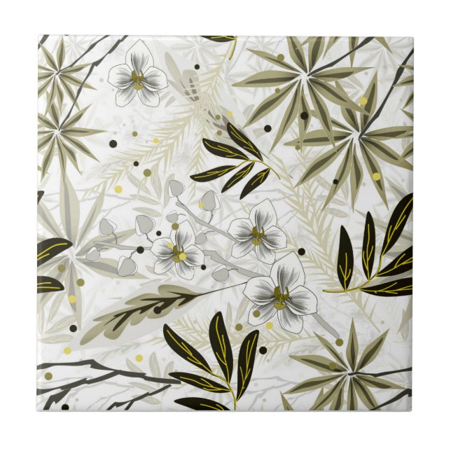 White orchids with olive tropical leaves ceramic tile (Front)