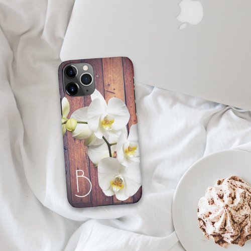 White Orchids Wood Look Name Initial iPhone Case