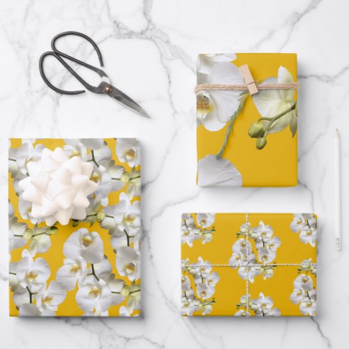 White Orchids Yellow Gold Wrapping Paper Sheets