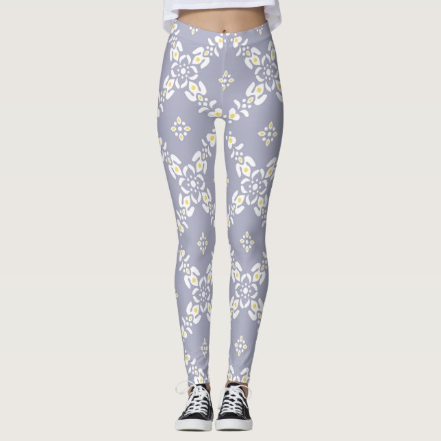 white orient patterns cute beautiful gray purple leggings (Front)