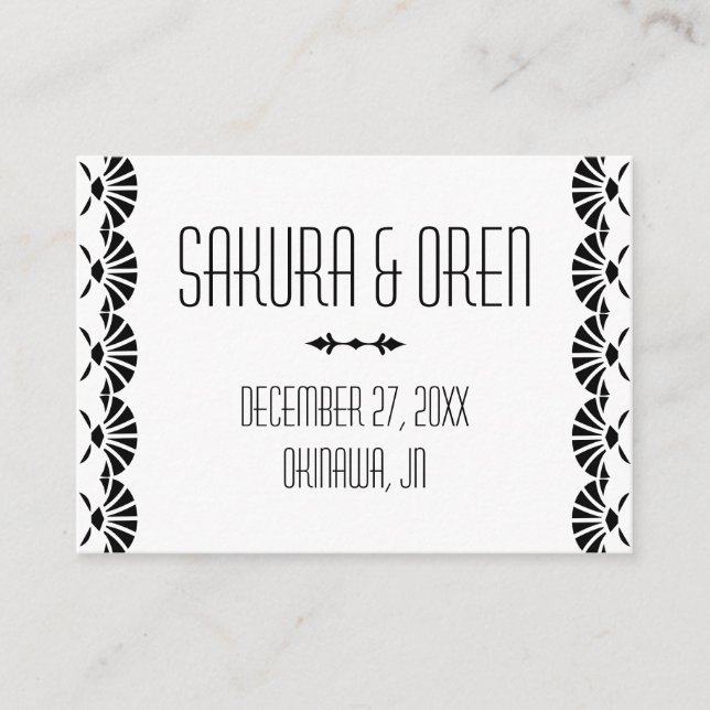 White Oriental Art Deco Style Wedding Place Cards (Front)