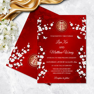 White Oriental Blossom Red Chinese Wedding Invitation