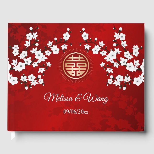 White Oriental Floral Red Chinese Wedding Guest Book (Front)
