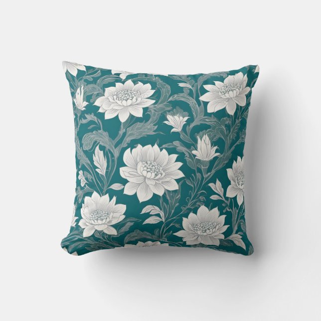 White oriental flower design throw pillow (Front)
