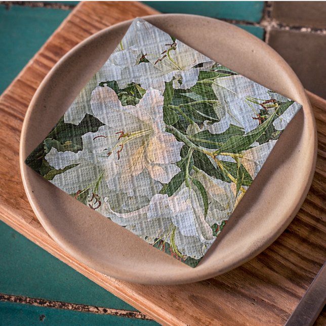 White Oriental Lilies Floral Napkins (In Situ Plate)