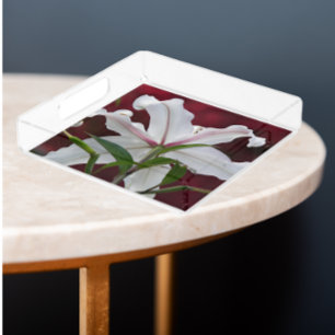 White Oriental Lily Bloom Floral Acrylic Tray