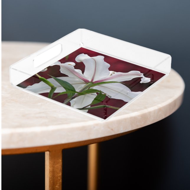 White Oriental Lily Bloom Floral Acrylic Tray (In Situ)