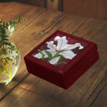 White Oriental Lily Bloom Floral Gift Box<br><div class="desc">Store trinkets, jewelry and other small keepsakes in this wooden gift box with ceramic tile that features a colorful photo image of the backside view of a white Oriental Lily bloom against the blurred background of a flaming red Burning Bush shrub. A stunning, floral design! Select your gift box size...</div>