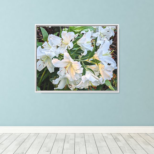 White Oriental Lily Blooms Floral Canvas Print (Insitu(Wood Floor))