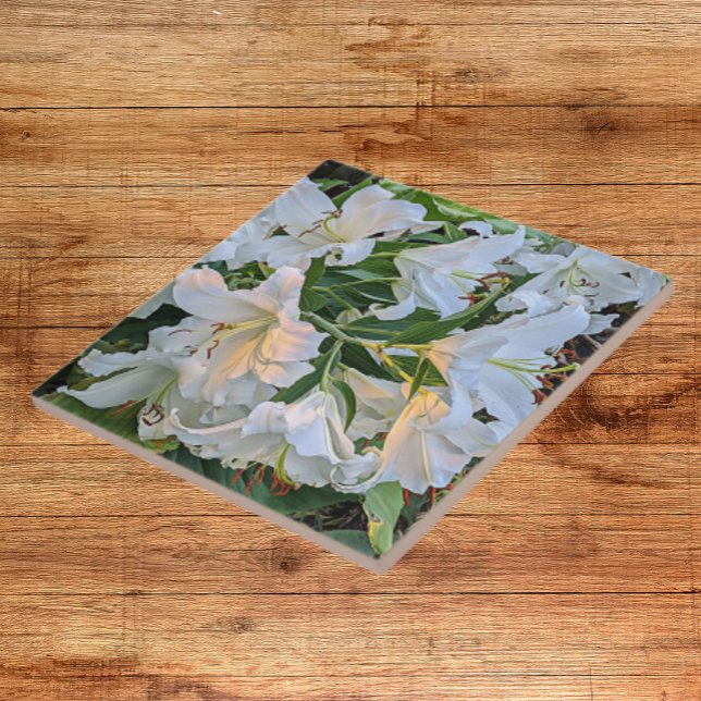White Oriental Lily Blooms Floral Ceramic Tile (In Situ)