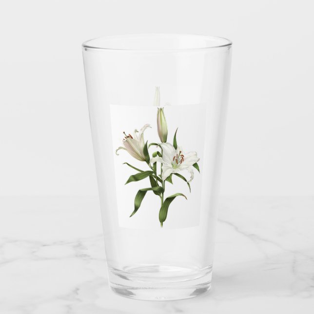 White Oriental Lily Floral Botanical Art Glass (Front)