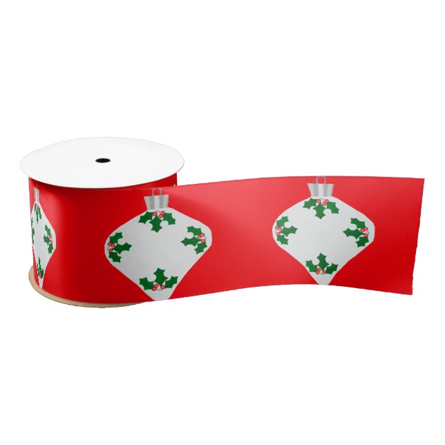 White Ornament With Holly Red Ribbon (Spool)