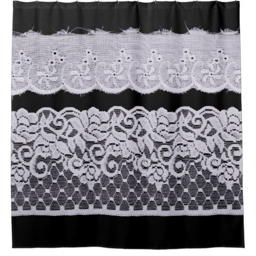 White Ornamental Lace isolated on black background Shower Curtain