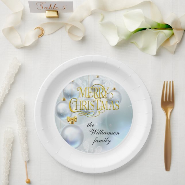 White Ornaments Merry Christmas - Personalize Paper Plates (Wedding)