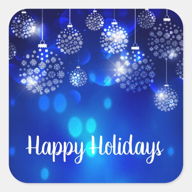 White Ornaments On Blue Happy Holiday Square Sticker (Front)