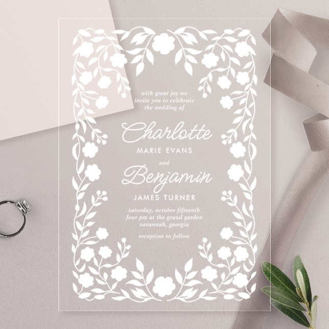 White Ornate Floral Border Wedding Acrylic Invitations (Creator Uploaded)