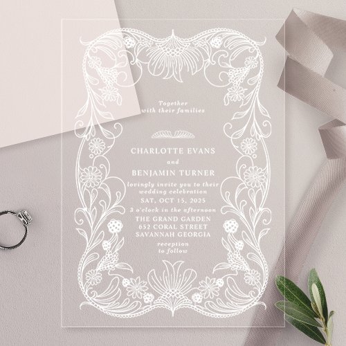 Wedding Invitations 6 White Ornate Floral Vintage Wedding Acrylic Invitations