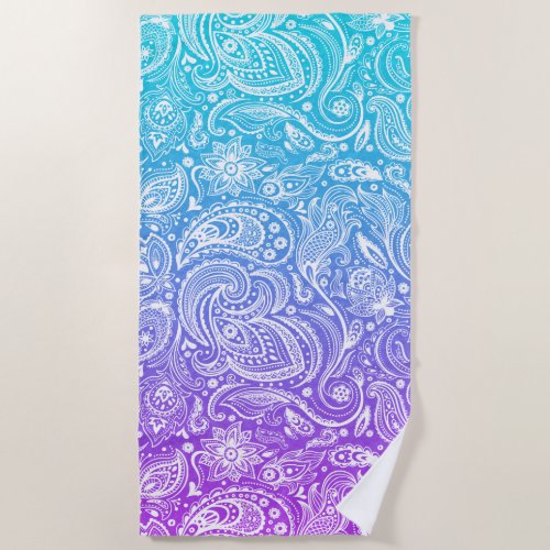White Ornate Paisley Pattern On Purple  Blue Beach Towel